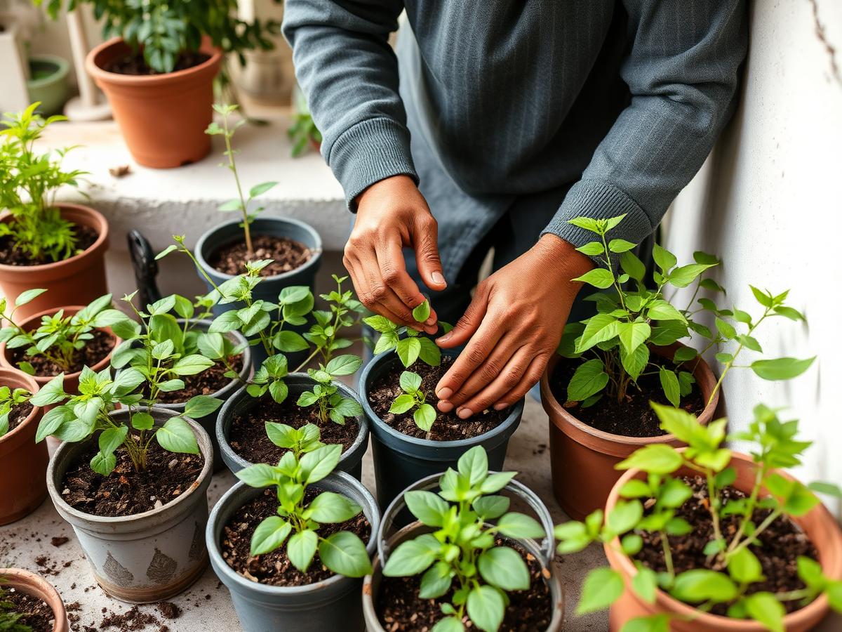 Hands tending to healthy potted plants